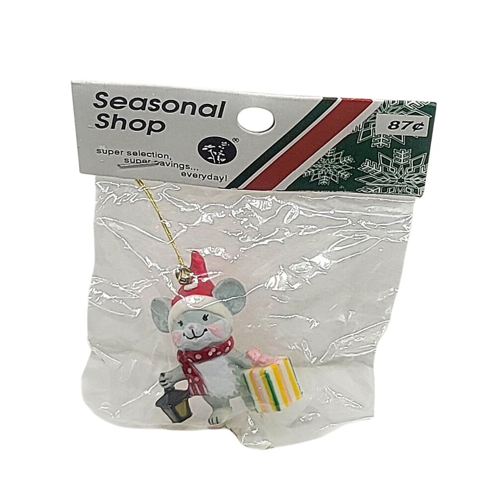 NEW Vtg Seasonal Shop Mouse Santa Hat Present Lantern Christmas Ornament CL54
